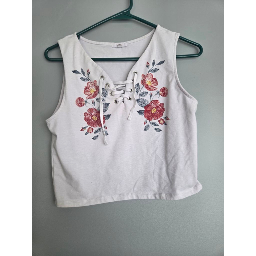 Women's Ardene Floral Lace-Up Tank Top M White